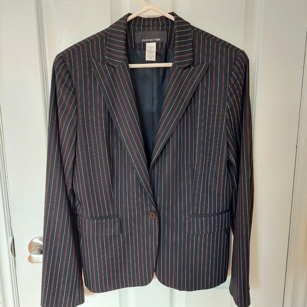Jones New York Black Pinstripe Single Breasted Blazer (Size 10) Career Office